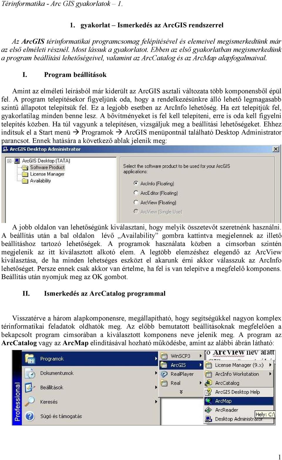 Program beállítások Amint az elméleti leírásból már kiderült az ArcGIS asztali változata több komponensbıl épül fel.