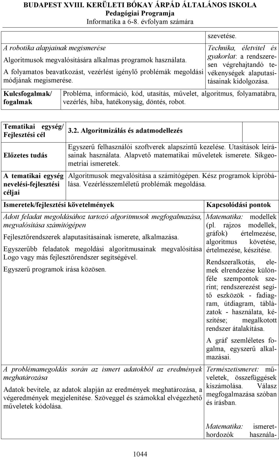 Probléma, információ, kód, utasítás, művelet, algoritmus, folyamatábra, vezérlés, hiba, hatékonyság, döntés, robot. 3.2.