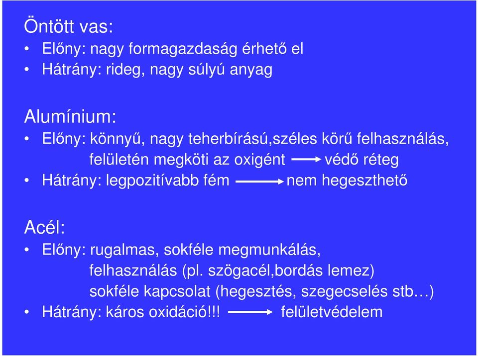 legpozitívabb fém nem hegeszthetı Acél: Elıny: rugalmas, sokféle megmunkálás, felhasználás (pl.