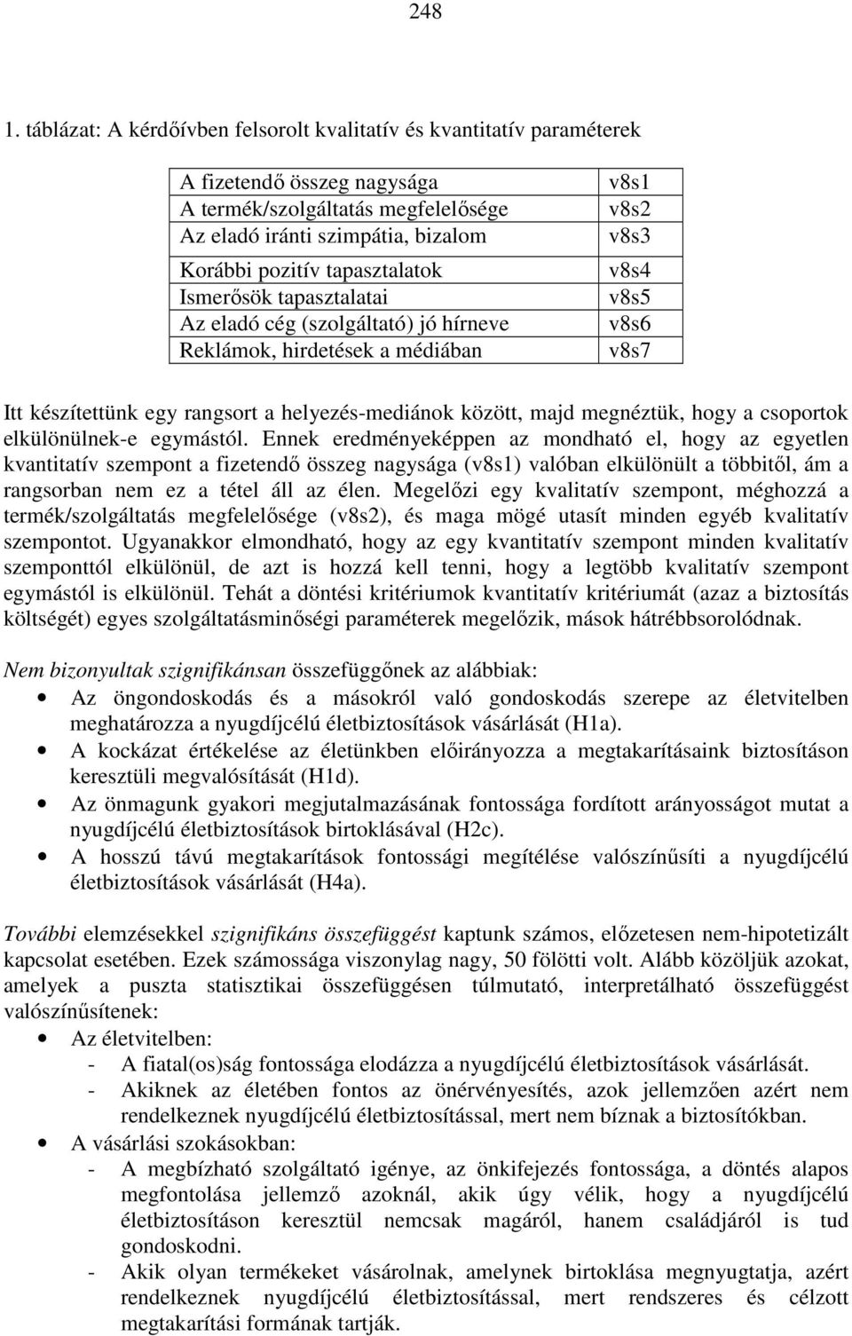 Ismerısök tapasztalatai Az eladó cég (szolgáltató) jó hírneve Reklámok, hirdetések a médiában v8s1 v8s2 v8s3 v8s4 v8s5 v8s6 v8s7 Itt készítettünk egy rangsort a helyezés-mediánok között, majd