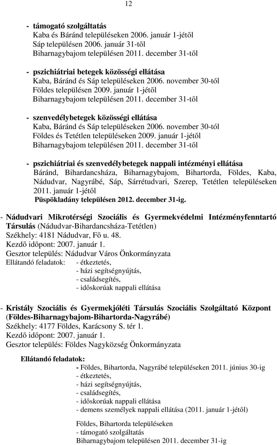 december 31-től - szenvedélybetegek közösségi ellátása Kaba, Báránd és Sáp településeken 2006. november 30-tól Földes és Tetétlen településeken 2009. január 1-jétől Biharnagybajom településen 2011.