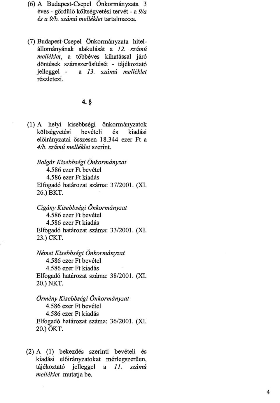 (1) A helyi kisebbskgi onkormimyzatok koltskgvetksi bevkteli 6s kiadisi eloirimyzatai osszesen 18.344 ezer Ft a 4/b. szhmzi mellkklet szerint. Bolghr Kisebbskgi onkormhnyzat 4.586 ezer Ft bevktel 4.