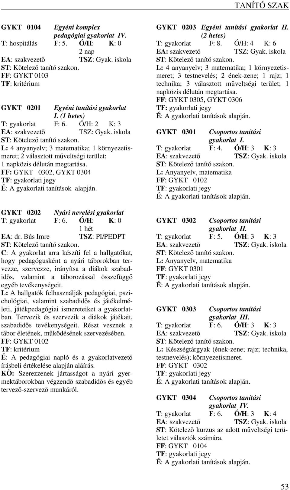 FF: GYKT 0302, GYKT 0304 É: A gyakorlati tanítások alapján. GYKT 0202 Nyári nevelési gyakorlat T: gyakorlat F: 6. Ó/H: K: 0 1 hét EA: dr.