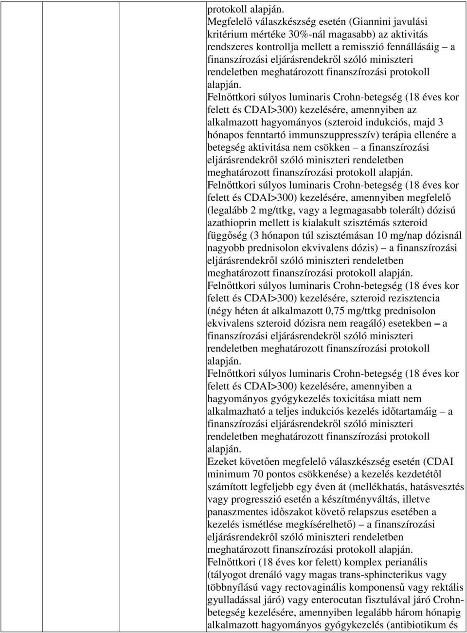 miniszteri rendeletben meghatározott finanszírozási  Felnıttkori súlyos luminaris Crohn-betegség (18 éves kor felett és CDAI>300) kezelésére, amennyiben az alkalmazott hagyományos (szteroid