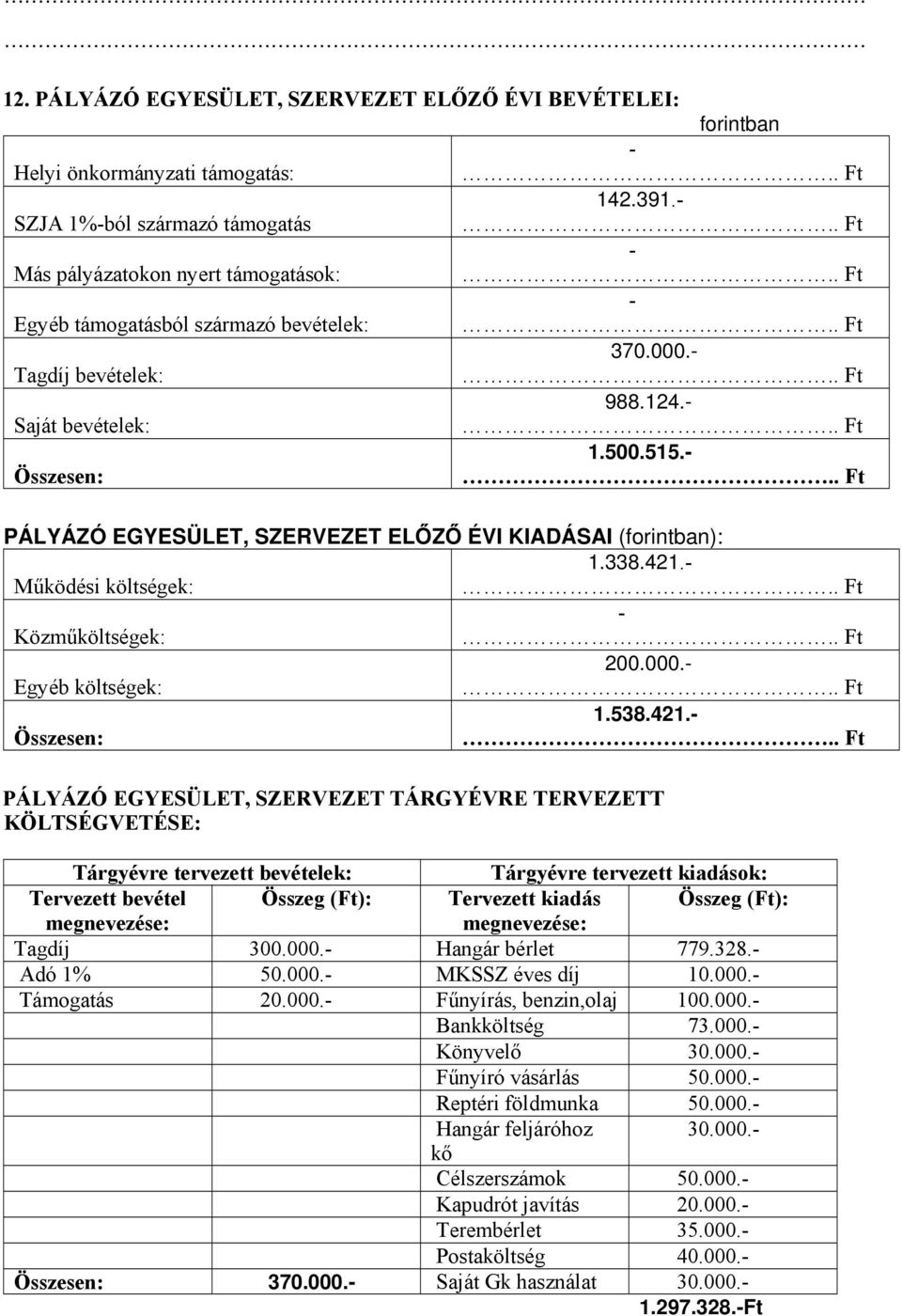 . Ft PÁLYÁZÓ EGYESÜLET, SZERVEZET ELŐZŐ ÉVI KIADÁSAI (forintban): 1.338.421.- Működési költségek:.. Ft - Közműköltségek:.. Ft 200.000.- Egyéb költségek:.. Ft 1.538.421.- Összesen:.