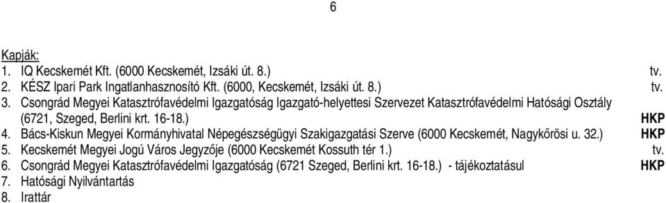 Bács-Kiskun Megyei Kormányhivatal Népegészségügyi Szakigazgatási Szerve (6000 Kecskemét, Nagyk rösi u. 32.) HKP 5.