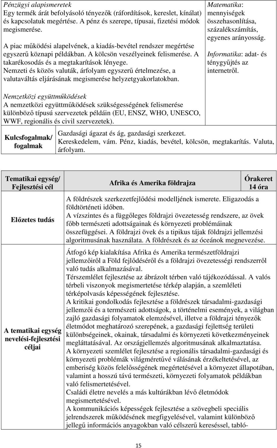 Nemzeti és közös valuták, árfolyam egyszerű értelmezése, a valutaváltás eljárásának megismerése helyzetgyakorlatokban. Matematika: mennyiségek összehasonlítása, százalékszámítás, egyenes arányosság.