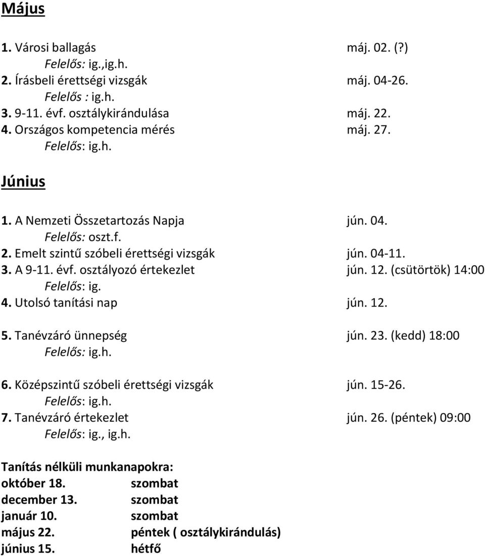 osztályozó értekezlet jún. 12. (csütörtök) 14:00 Felelős: ig. 4. Utolsó tanítási nap jún. 12. 5. Tanévzáró ünnepség jún. 23. (kedd) 18:00 6. Középszintű szóbeli érettségi vizsgák jún.