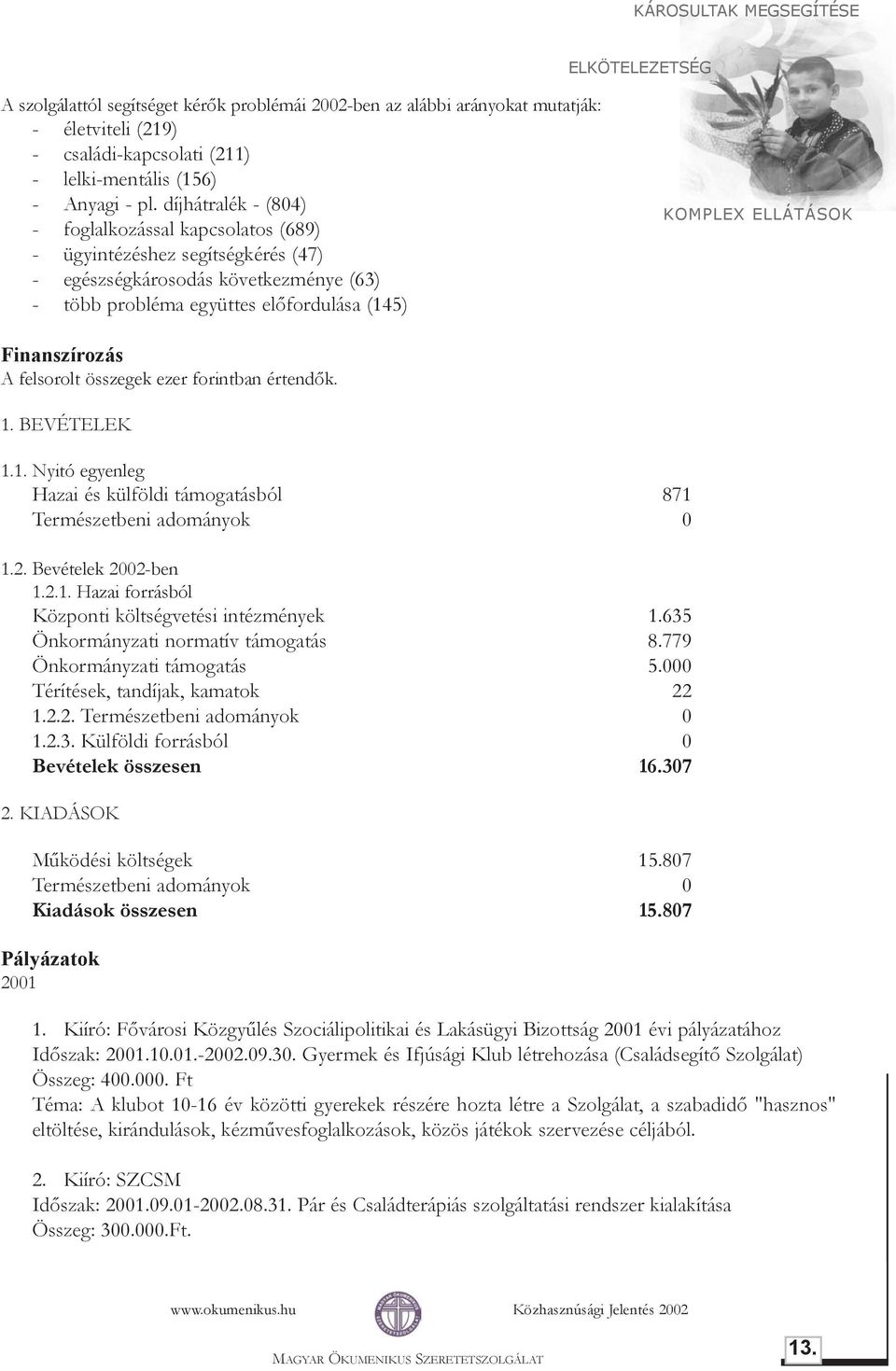 összegek ezer forintban értendõk. 1. BEVÉTELEK 1.1. Nyitó egyenleg Hazai és külföldi támogatásból 871 Természetbeni adományok 0 1.2. Bevételek 2002-ben 1.2.1. Hazai forrásból Központi költségvetési intézmények 1.