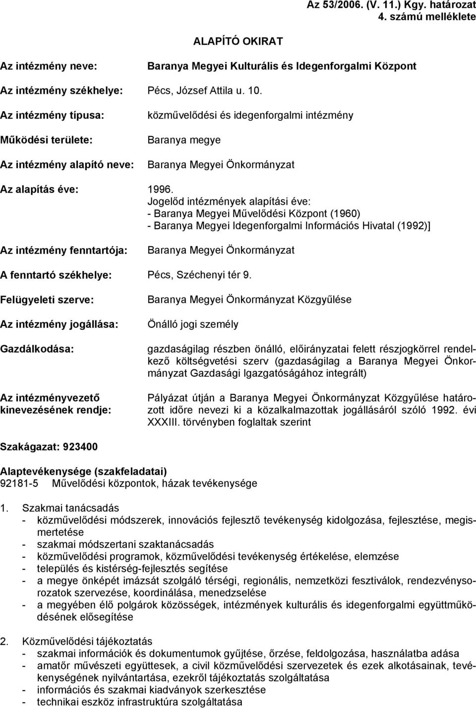 Jogelőd intézmények alapítási éve: - Baranya Megyei Művelődési Központ (1960) - Baranya Megyei Idegenforgalmi Információs Hivatal (1992)] Az intézmény fenntartója: Baranya Megyei Önkormányzat A