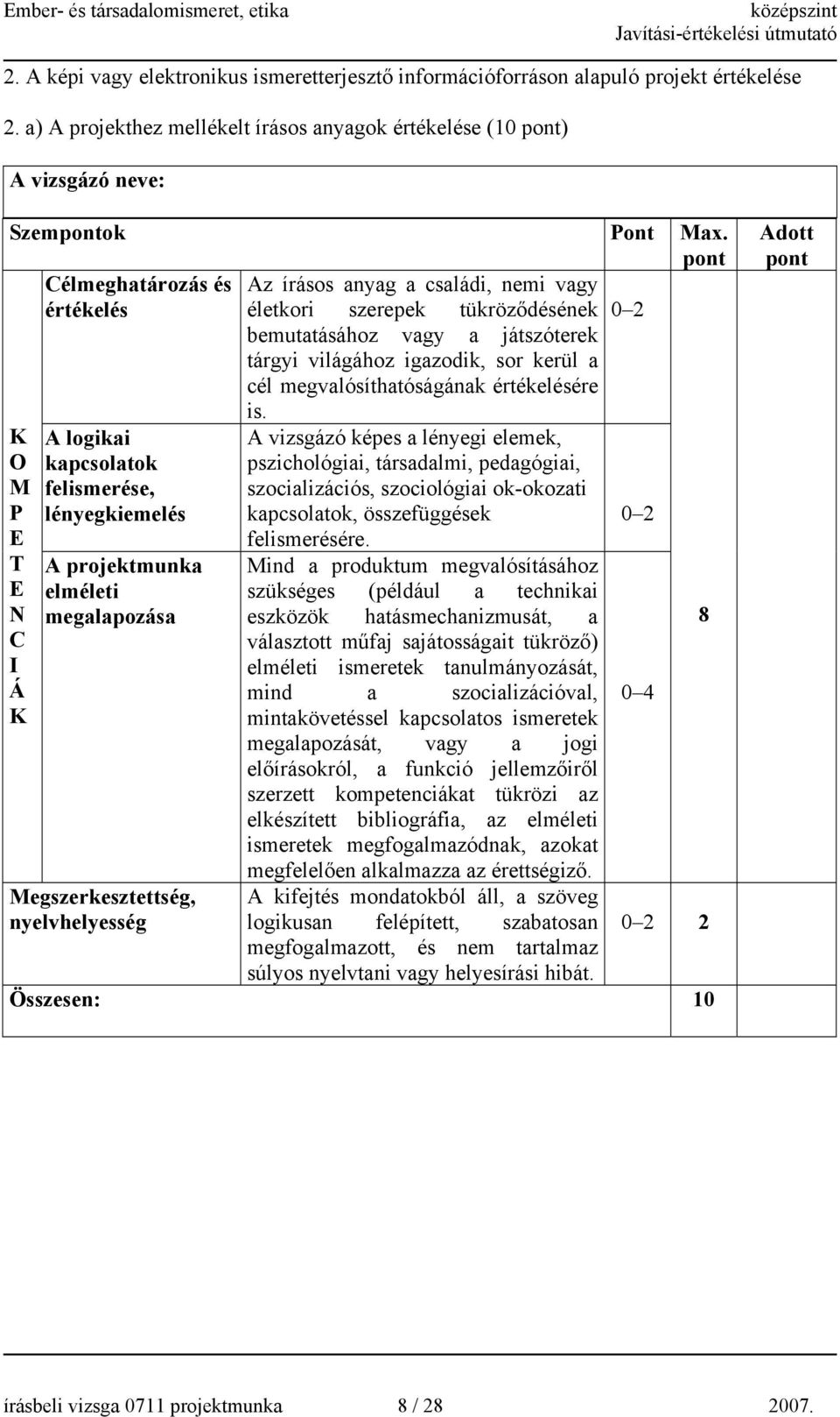 értékelésére A logikai kapcsolatok felismerése, lényegkiemelés A projektmunka elméleti megalapozása egszerkesztettség, nyelvhelyesség is.