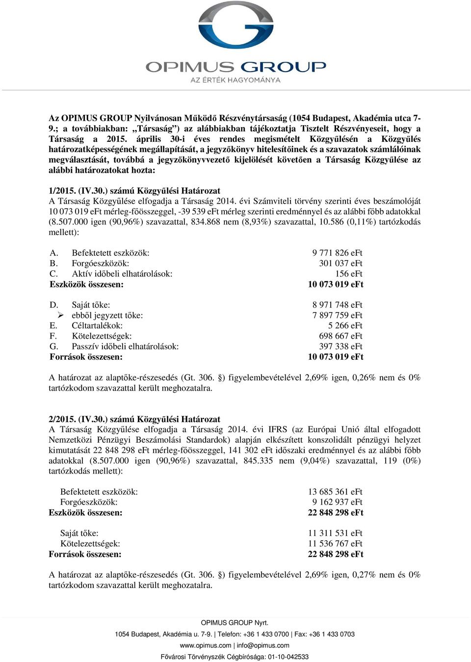 jegyzőkönyvvezető kijelölését követően a Társaság Közgyűlése az alábbi határozatokat hozta: 1/2015. (IV.30.) számú Közgyűlési Határozat A Társaság Közgyűlése elfogadja a Társaság 2014.