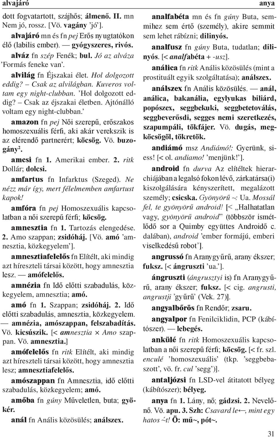 Ajtónálló voltam egy night-clubban. amazon fn pej Női szerepű, erőszakos homoszexuális férfi, aki akár verekszik is az elérendő partnerért; köcsög. Vö. buzogány 2. amcsi fn 1. Amerikai ember. 2. ritk Dollár; dolcsi.