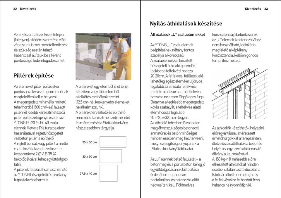 A megengedett minimális méretû teherhordó (1500 cm 2 -es) falazott pillérnél kisebb keresztmetszetû pillér építészeti igénye esetén az YTONG Pu 20 és Pu 40 zsaluelemek illetve a Pfe furatos elem