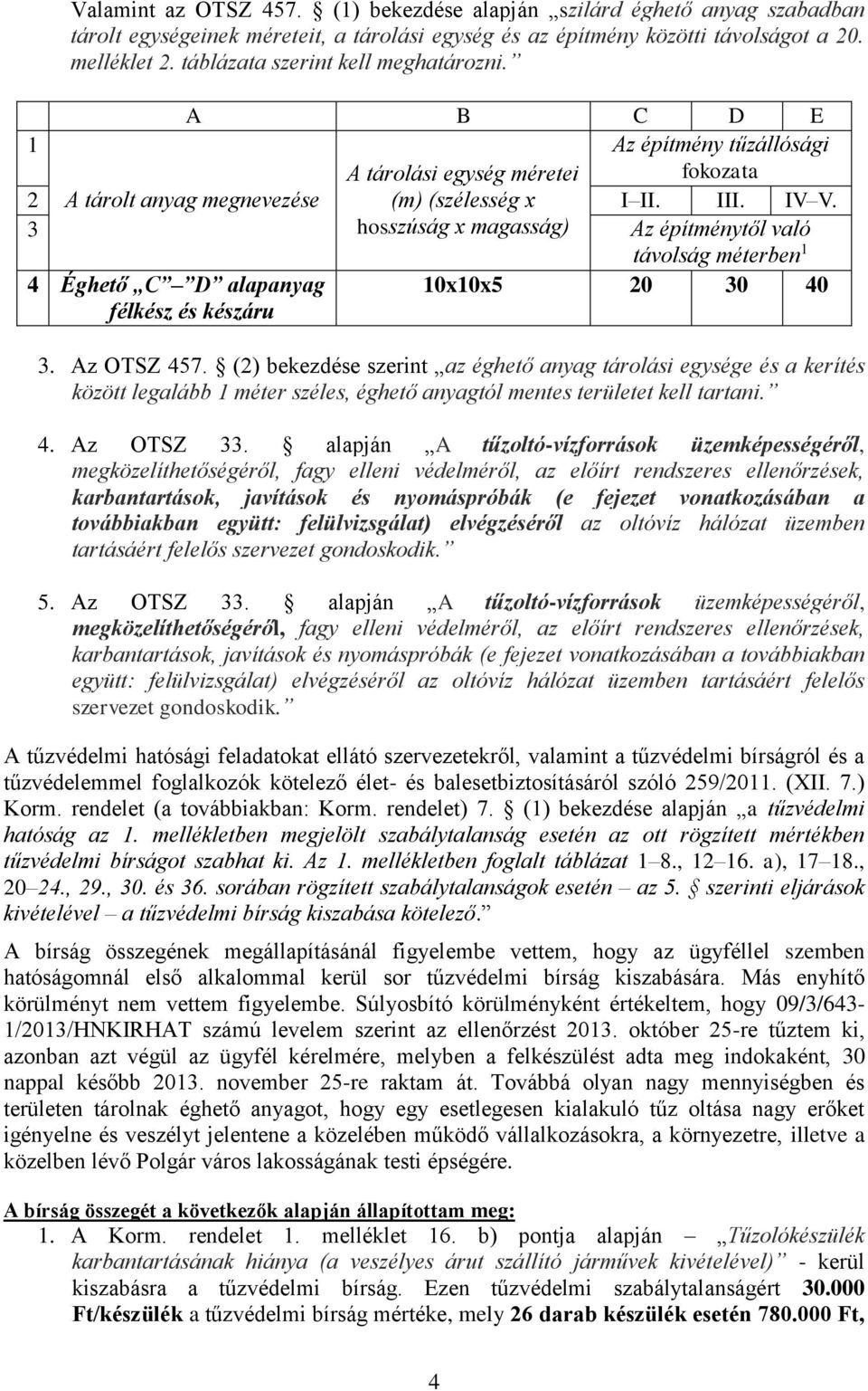 3 hosszúság x magasság) Az építménytől való távolság méterben 1 4 Éghető C D alapanyag félkész és készáru 10x10x5 20 30 40 3. Az OTSZ 457.