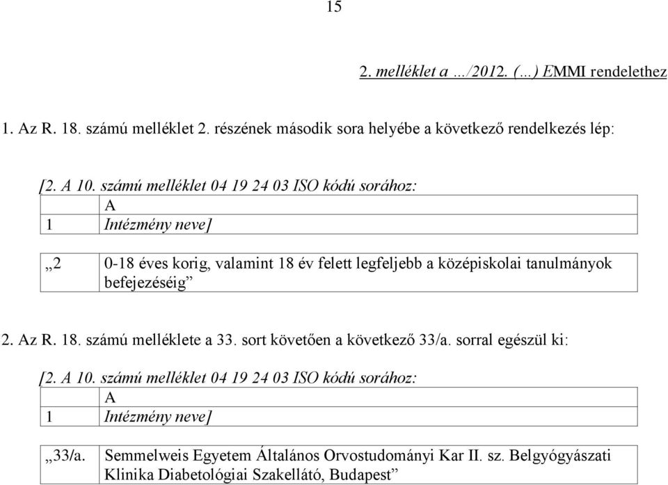 befejezéséig 2. Az R. 18. számú melléklete a 33. sort követően a következő 33/a. sorral egészül ki: [2. A 10.