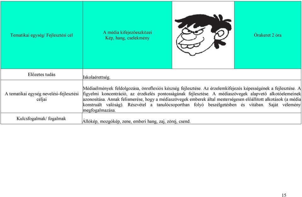 A figyelmi koncentráció, az érzékelés pontosságának fejlesztése. A médiaszövegek alapvető alkotóelemeinek azonosítása.