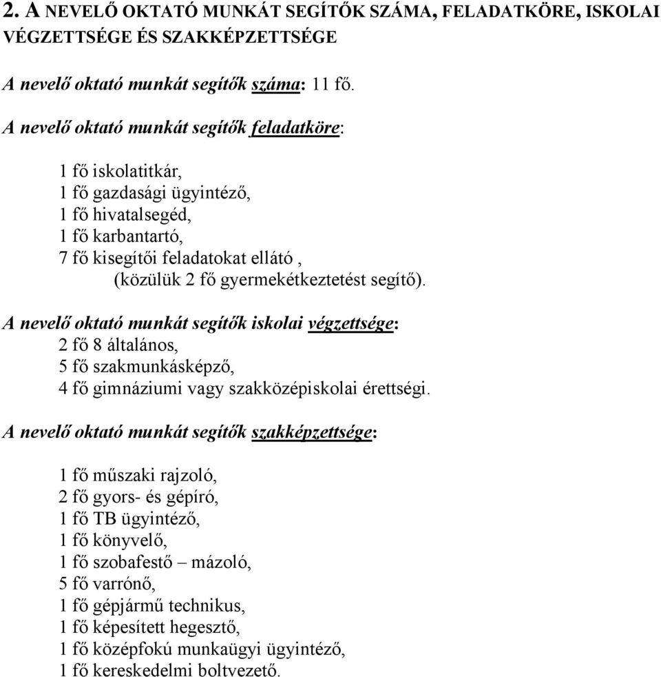 gyermekétkeztetést segítő). A nevelő oktató munkát segítők iskolai végzettsége: 2 fő 8 általános, 5 fő szakmunkásképző, 4 fő gimnáziumi vagy szakközépiskolai érettségi.