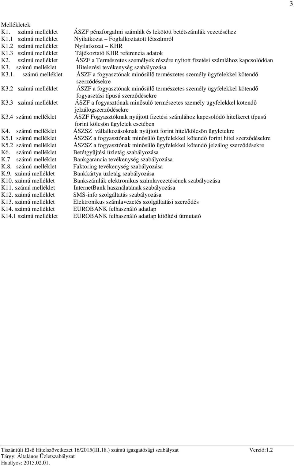 számú melléklet Hitelezési tevékenység szabályozása K3.1. számú melléklet ÁSZF a fogyasztónak minősülő természetes személy ügyfelekkel kötendő szerződésekre K3.