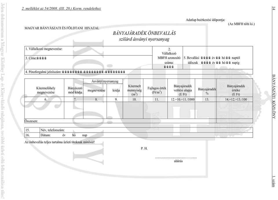 ) Ásványi nyersanyag Kitermelt Bányajáradék Bányajáradék Kitermel hely Bányászati Fajlagos érték megnevezése kódja mennyiség megnevezése mód kódja (m 3 (Ft/m 3 vetítési alapja Bányajáradék