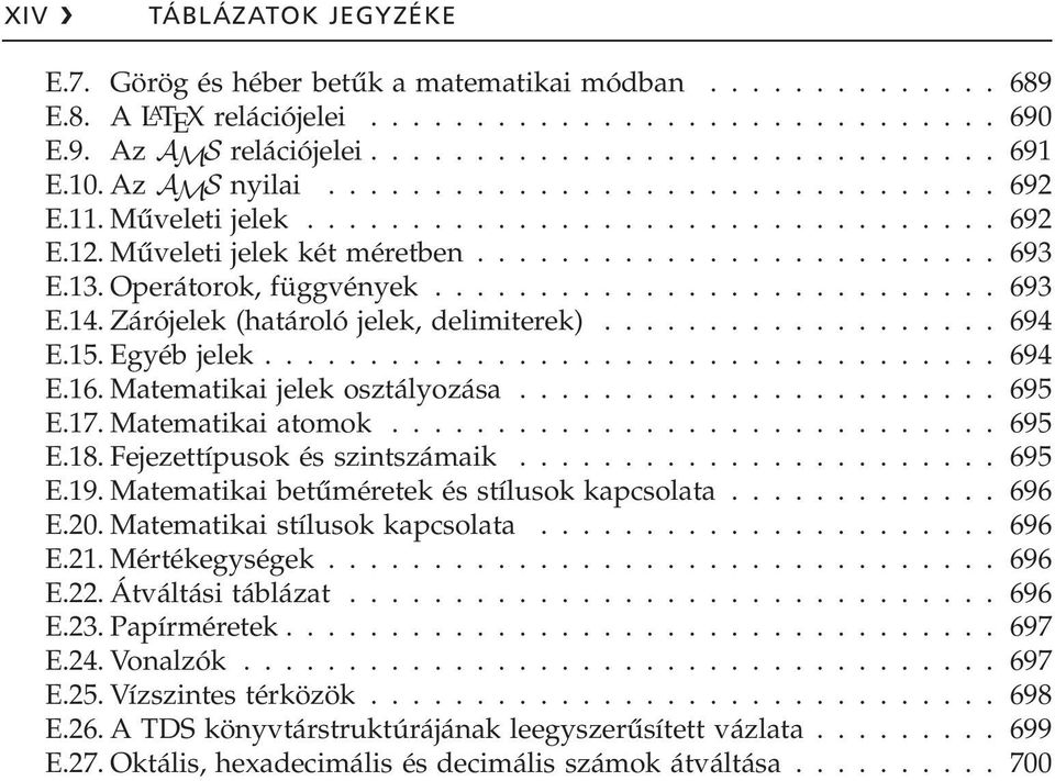 Operátorok, függvények........................... 693 E.14. Zárójelek (határoló jelek, delimiterek)................... 694 E.15. Egyéb jelek................................... 694 E.16.