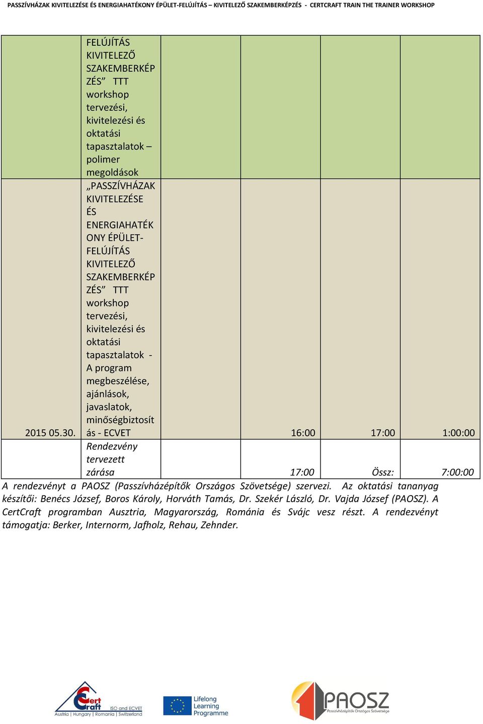 (Passzívházépítők Országos Szövetsége) szervezi. Az tananyag készítői: Benécs József, Boros Károly, Horváth Tamás, Dr. Szekér László, Dr.