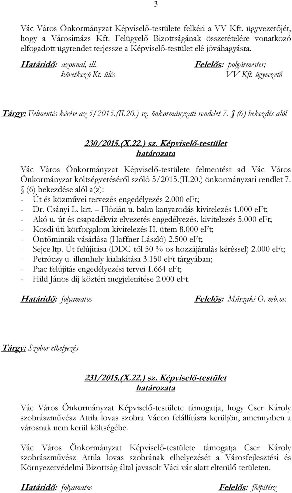 (II.20.) sz. önkormányzati rendelet 7. (6) bekezdés alól 230/2015.(X.22.) sz. Képviselő-testület Vác Város Önkormányzat Képviselő-testülete felmentést ad Vác Város Önkormányzat költségvetéséről szóló 5/2015.