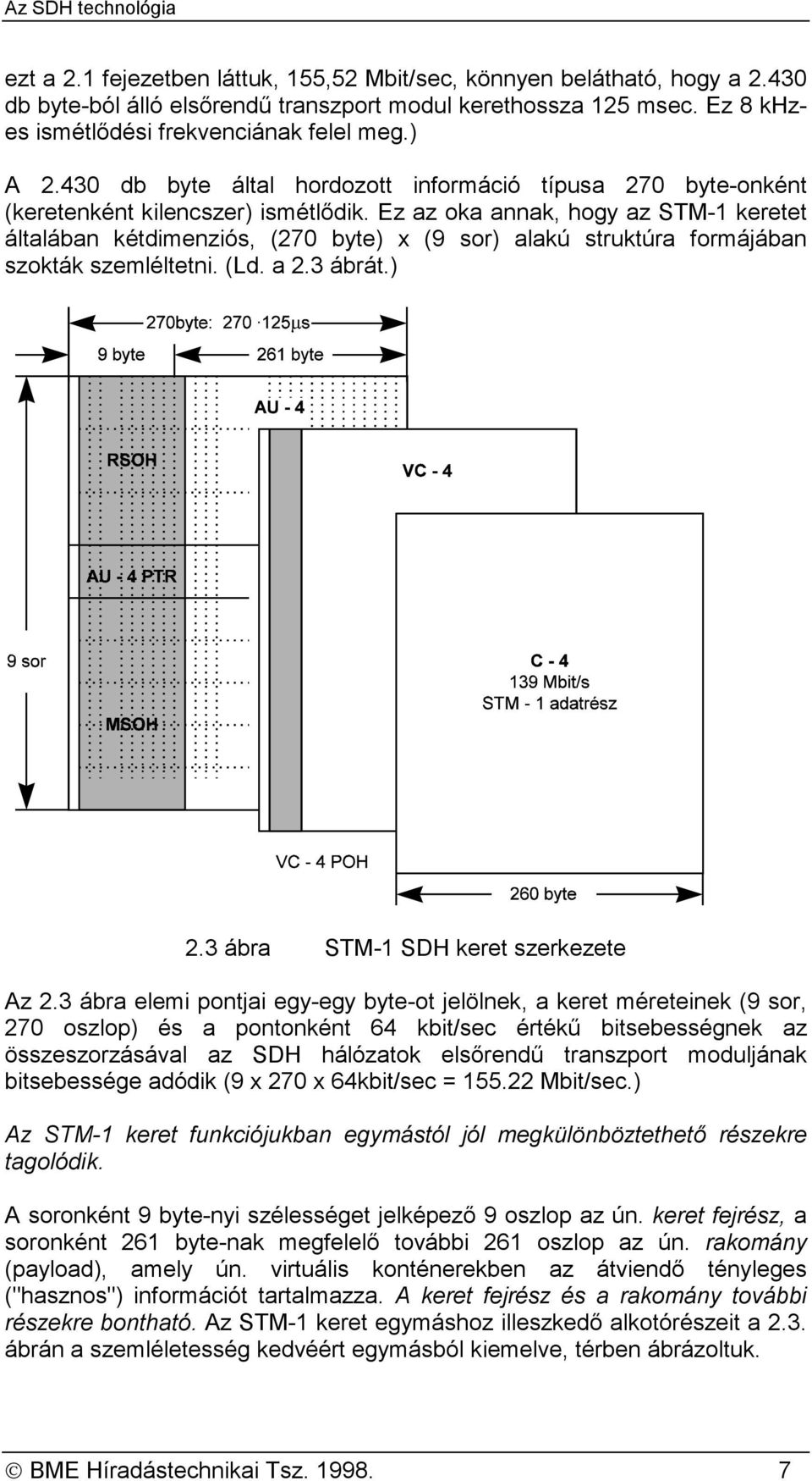 Ez az oka annak, hogy az STM-1 keretet általában kétdimenziós, (270 byte) x (9 sor) alakú struktúra formájában szokták szemléltetni. (Ld. a 2.3 ábrát.) 2.3 ábra STM-1 SDH keret szerkezete Az 2.