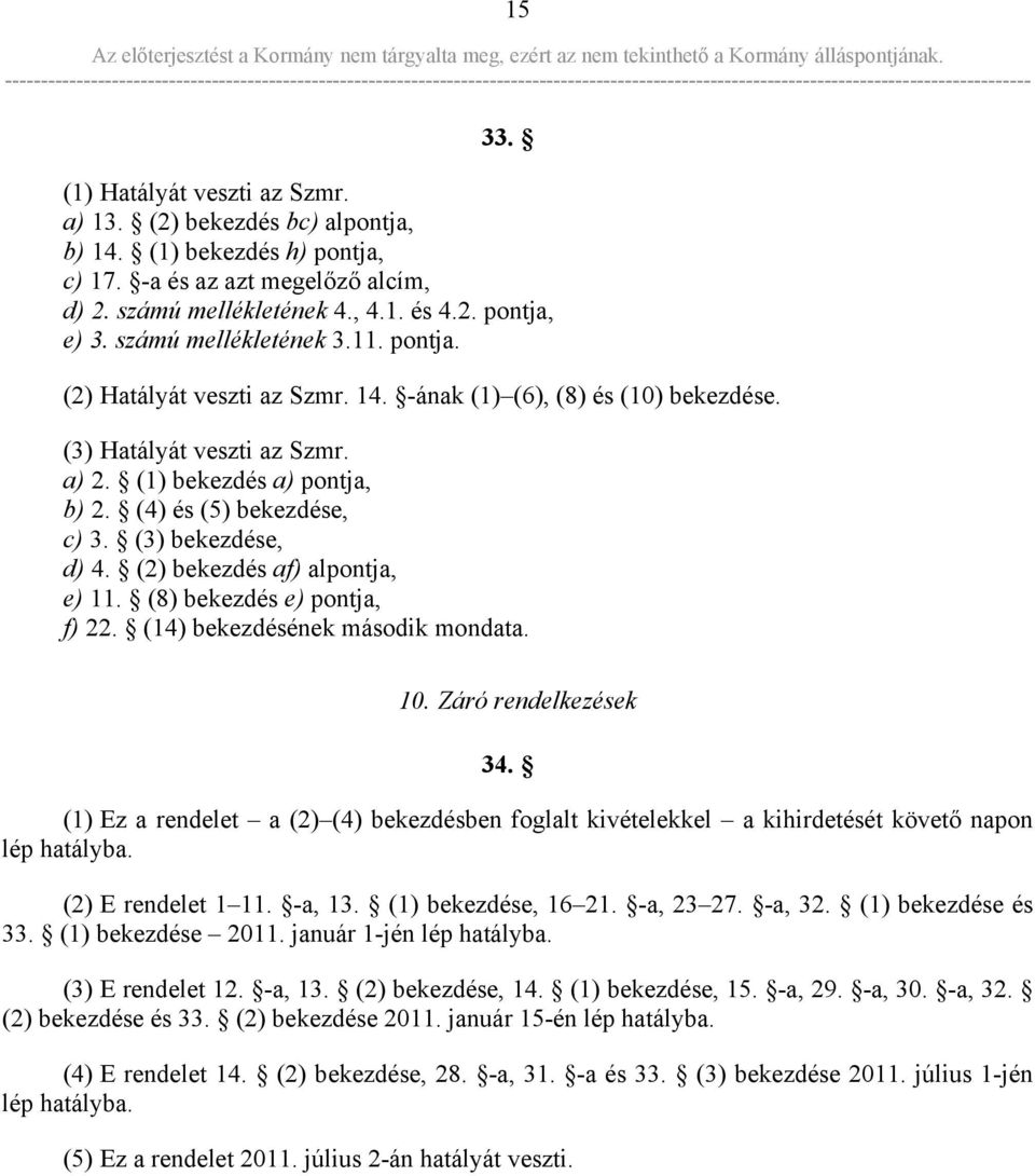 (3) bekezdése, d) 4. (2) bekezdés af) alpontja, e) 11. (8) bekezdés e) pontja, f) 22. (14) bekezdésének második mondata. 10. Záró rendelkezések 34.