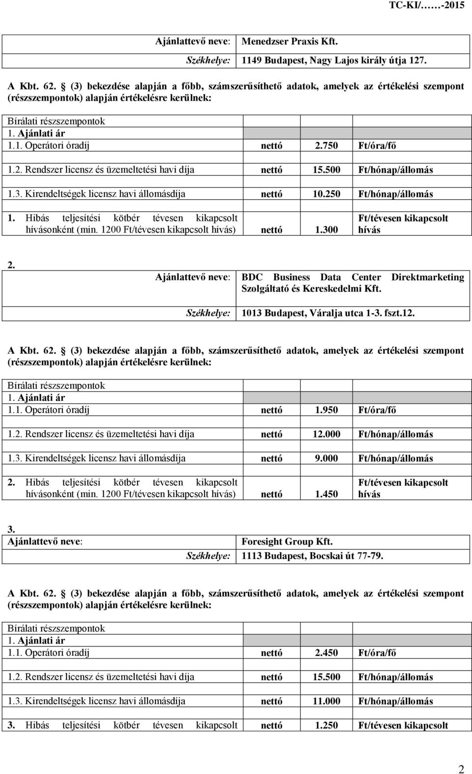 Ajánlattevő neve: BDC Business Data Center Direktmarketing Szolgáltató és Kereskedelmi Kft. Székhelye: 1013 Budapest, Váralja utca 1-3. fszt.12. 1.1. Operátori óradíj nettó 1.950 Ft/óra/fő 1.2. Rendszer licensz és üzemeltetési havi díja nettó 12.