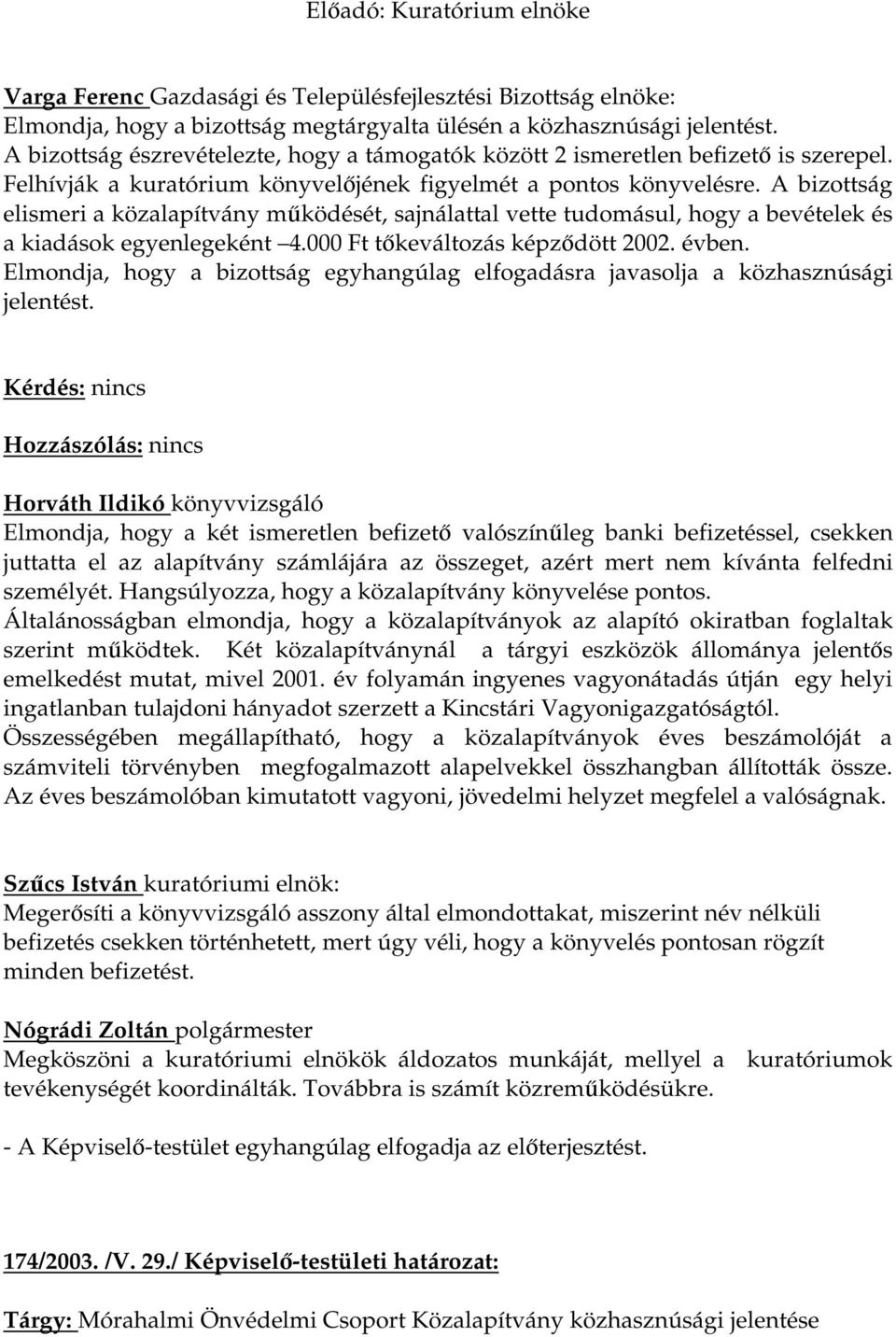 A bizottság elismeri a közalapítvány működését, sajnálattal vette tudomásul, hogy a bevételek és a kiadások egyenlegeként 4.000 Ft tőkeváltozás képződött 2002. évben.