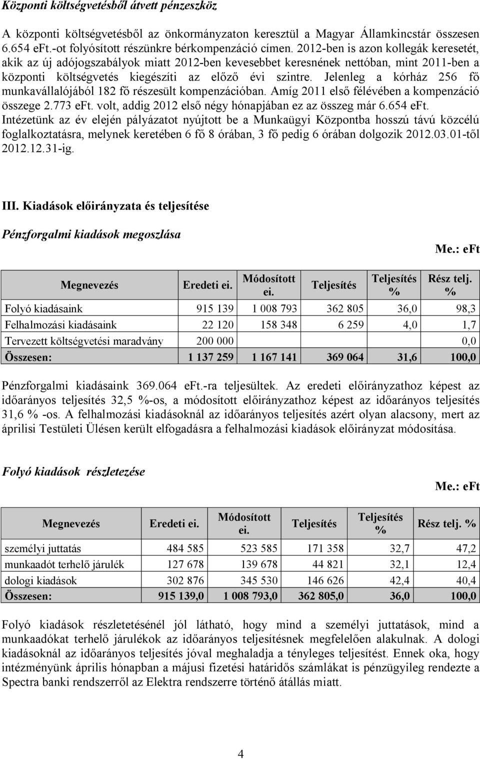 Jelenleg a kórház 256 fő munkavállalójából 182 fő részesült kompenzációban. Amíg 2011 első félévében a kompenzáció összege 2.773 eft. volt, addig 2012 első négy hónapjában ez az összeg már 6.654 eft.