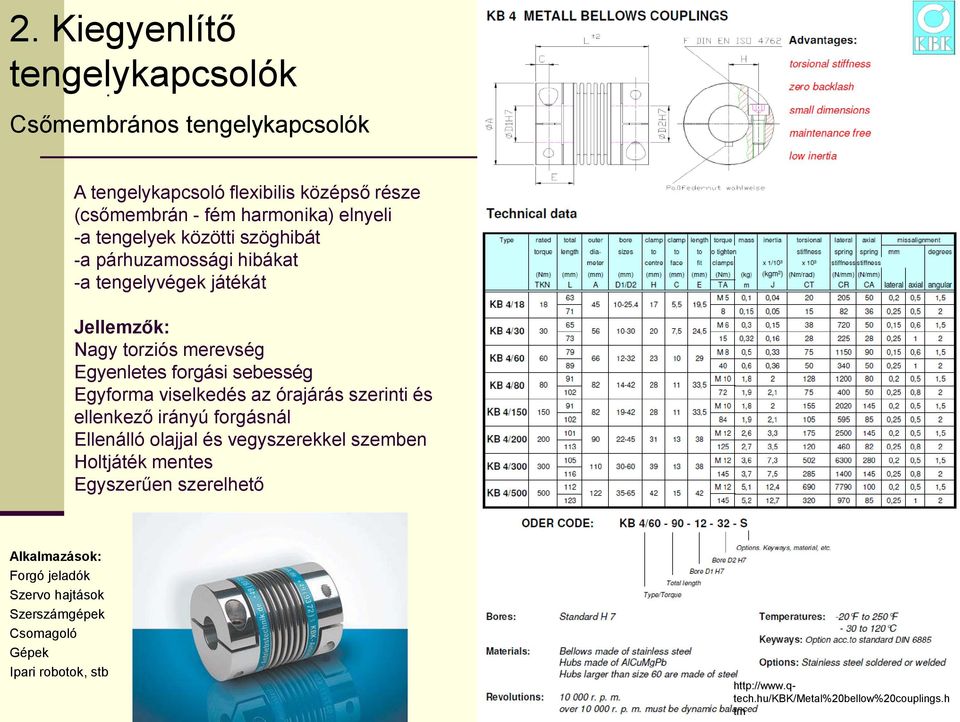 párhuzamossági hibákat -a tengelyvégek játékát Jellemzők: Nagy torziós merevség Egyenletes forgási sebesség Egyforma viselkedés az órajárás