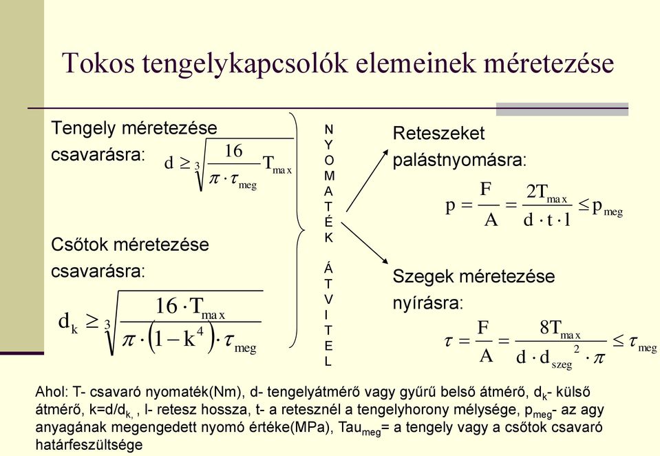 meg Ahol: T- csavaró nyomaték(nm), d- tengelyátmérő vagy gyűrű belső átmérő, d k - külső átmérő, k=d/d k,, l- retesz hossza, t- a retesznél