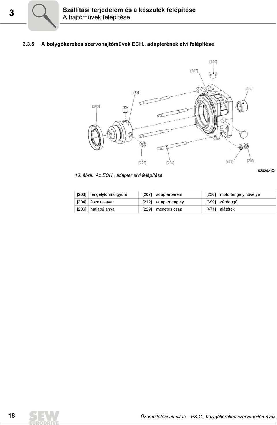 . adapter elvi felépítése 62829AXX [203] tengelytömítő gyűrű [207] adapterperem [230] motortengely hüvelye