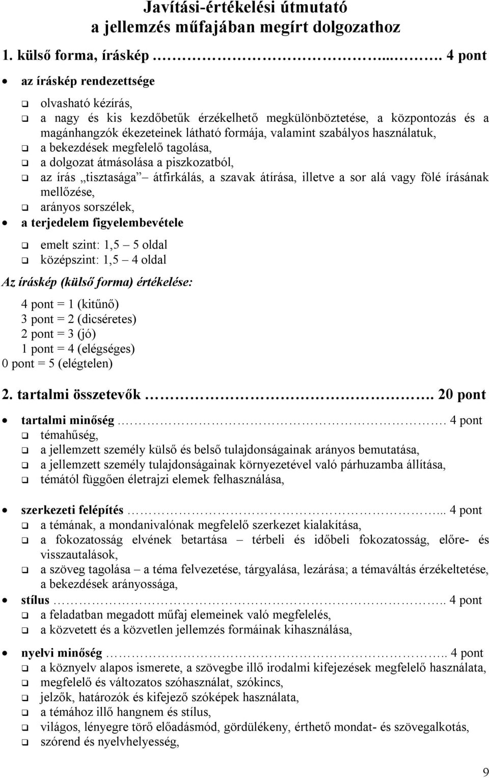 használatuk, a bekezdések megfelelő tagolása, a dolgozat átmásolása a piszkozatból, az írás tisztasága átfirkálás, a szavak átírása, illetve a sor alá vagy fölé írásának mellőzése, arányos sorszélek,