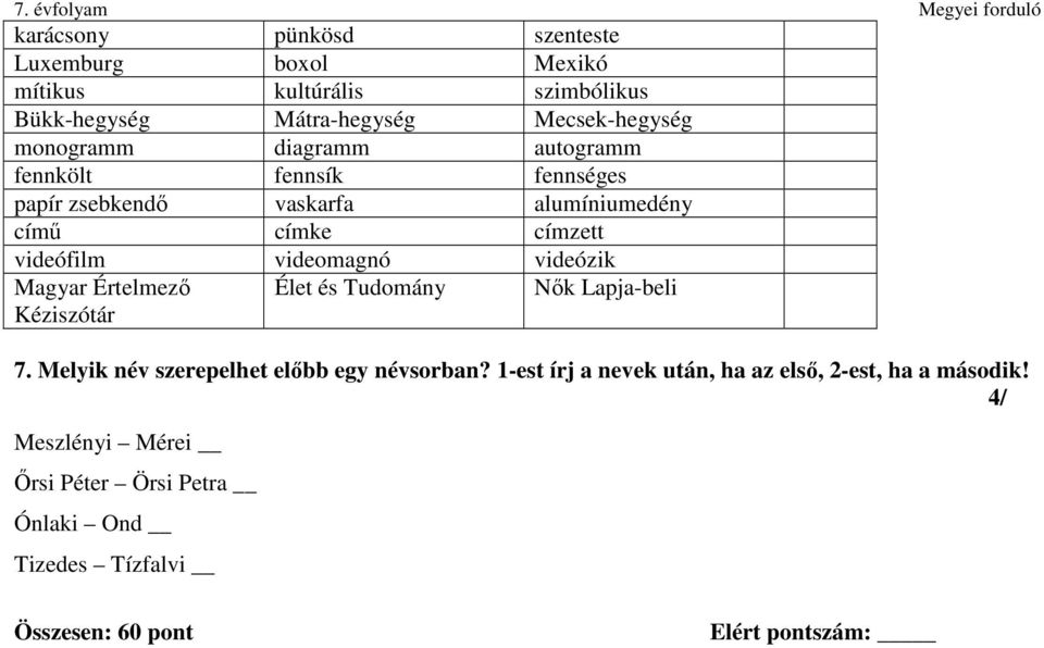 videózik Magyar Értelmező Kéziszótár Élet és Tudomány Nők Lapja-beli 7. Melyik név szerepelhet előbb egy névsorban?