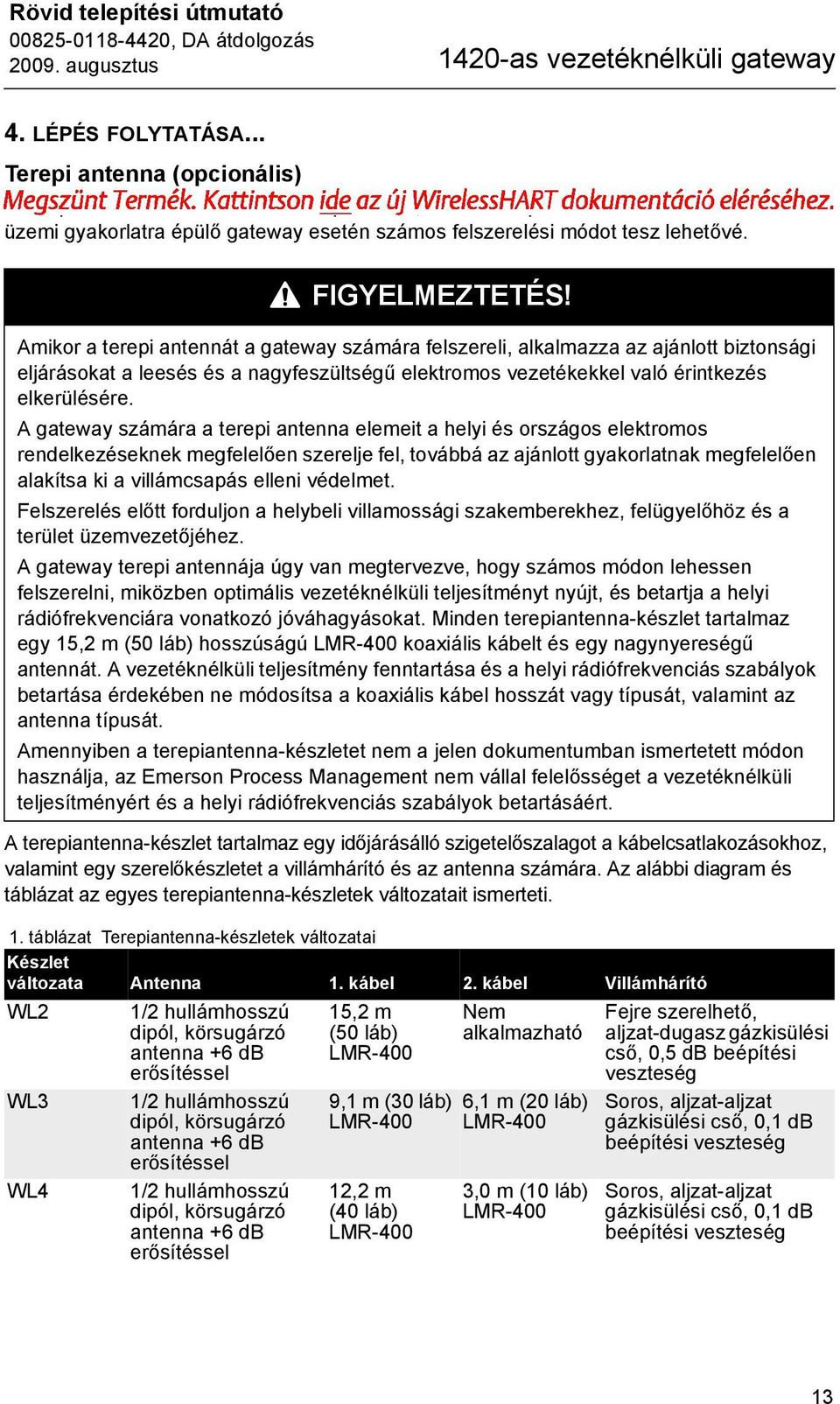 FIGYELMEZTETÉS! Amikor a terepi antennát a gateway számára felszereli, alkalmazza az ajánlott biztonsági eljárásokat a leesés és a nagyfeszültségű elektromos vezetékekkel való érintkezés elkerülésére.