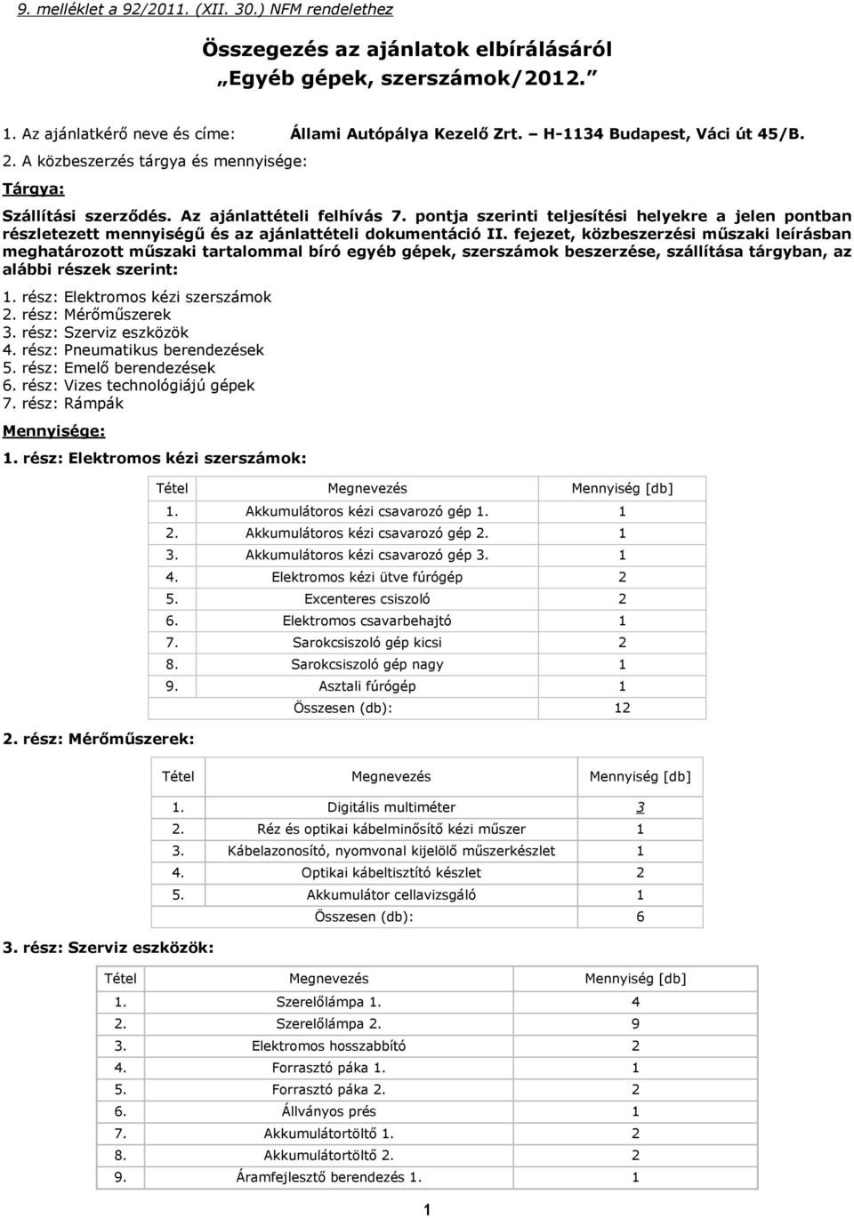 pontja szerinti teljesítési helyekre a jelen pontban részletezett mennyiségű és az ajánlattételi dokumentáció II.