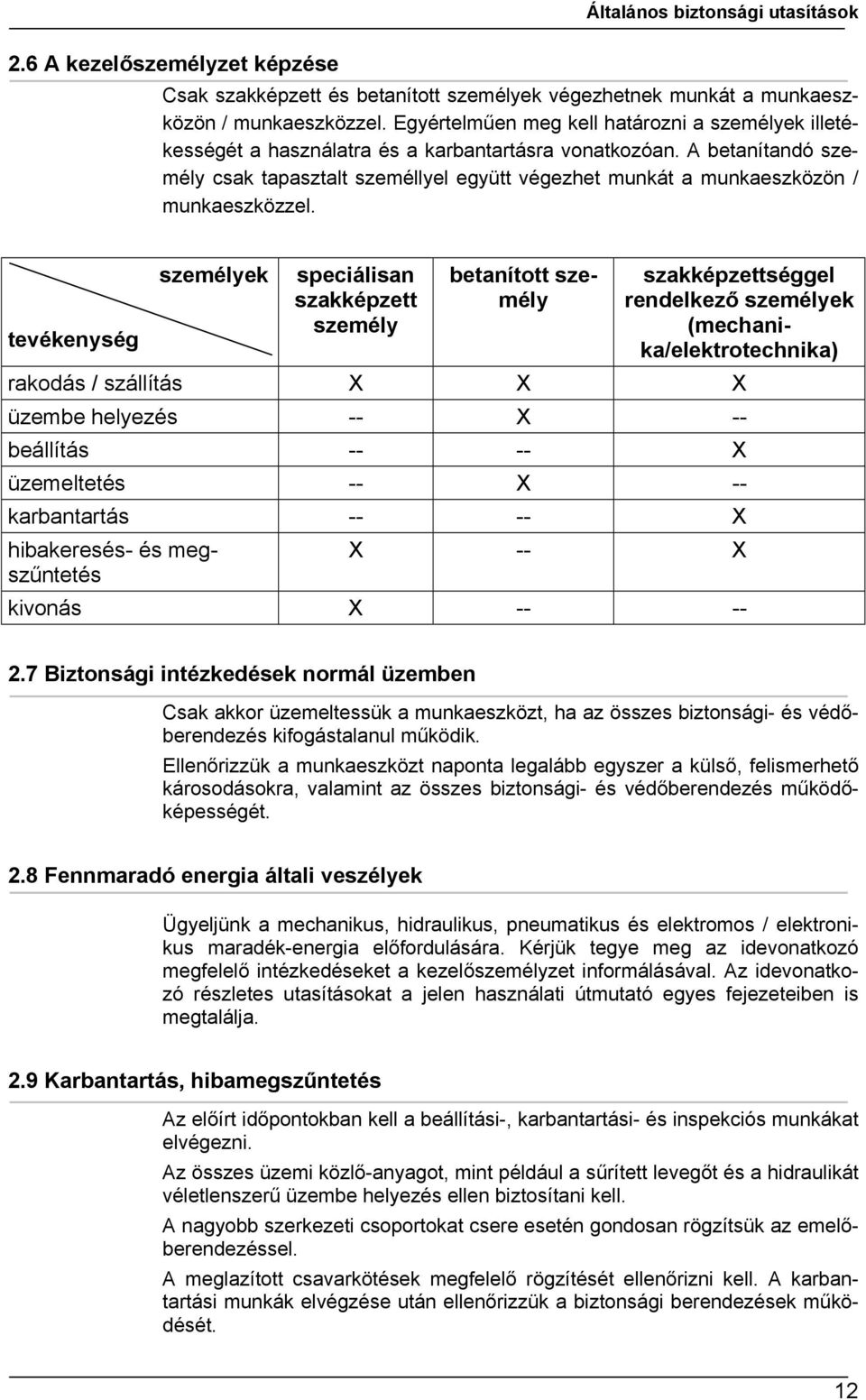 A betanítandó személy csak tapasztalt személlyel együtt végezhet munkát a munkaeszközön / munkaeszközzel.