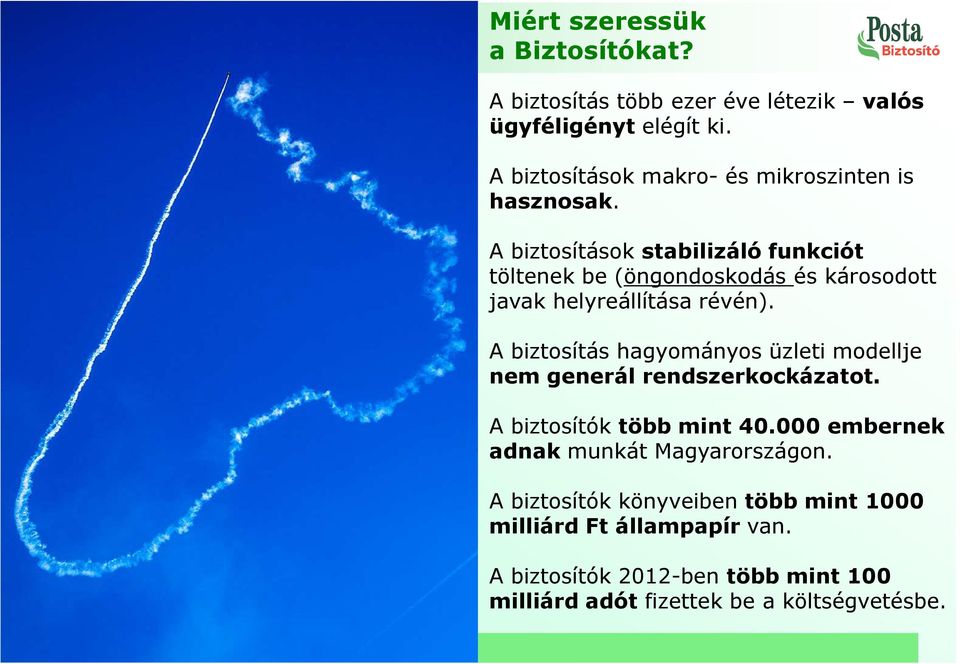 A biztosítások stabilizáló funkciót töltenek be (öngondoskodás és károsodott javak helyreállítása révén).