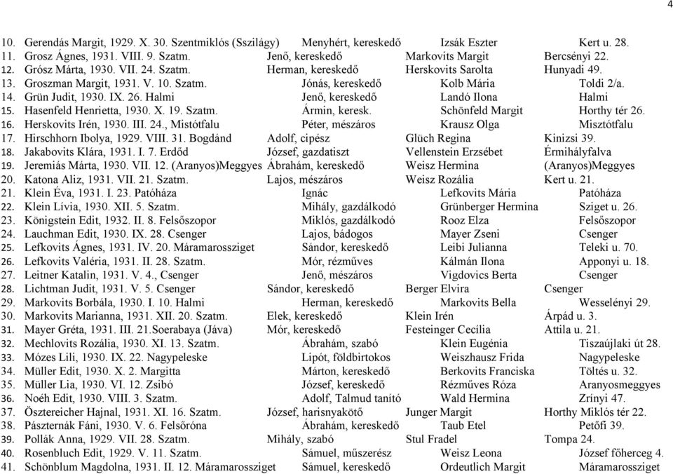 Halmi Jenő, kereskedő Landó Ilona Halmi 15. Hasenfeld Henrietta, 1930. X. 19. Szatm. Ármin, keresk. Schönfeld Margit Horthy tér 26. 16. Herskovits Irén, 1930. III. 24.