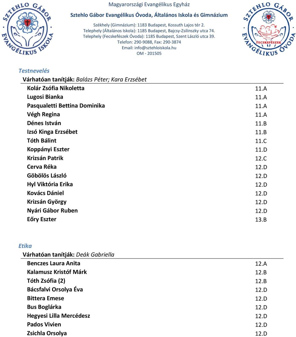 D Kovács Dániel 12.D Krizsán György 12.D Nyári Gábor Ruben 12.D Eőry Eszter 13.B Etika Várhatóan tanítják: Deák Gabriella Benczes Laura Anita 12.