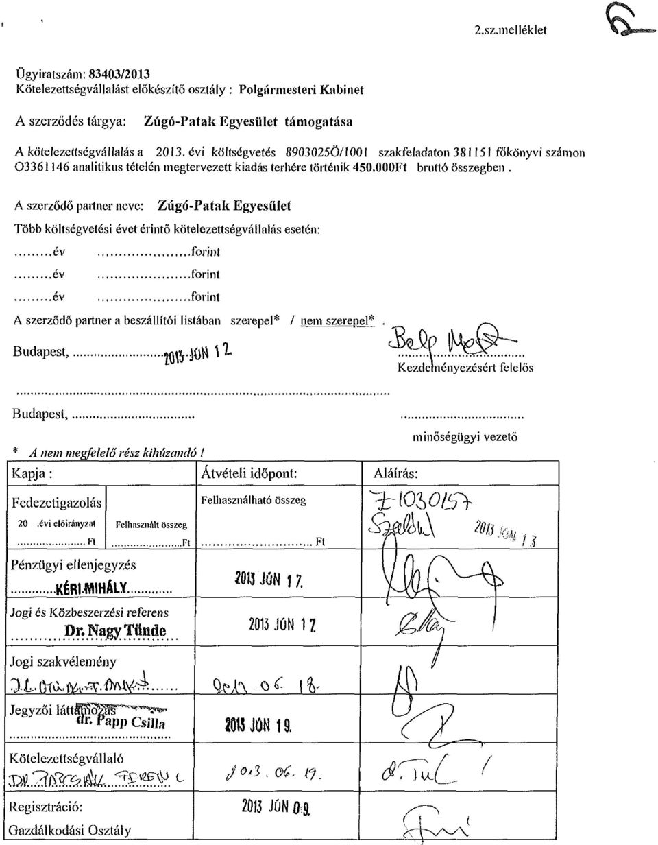 A szerződő partner neve: Zúgó-Patak Egyesület Több költségvetési évet érintő kötelezettségvállalás esetén: év év év forint forint forint A szerződő partner a beszállítói listában szerepel* / nem