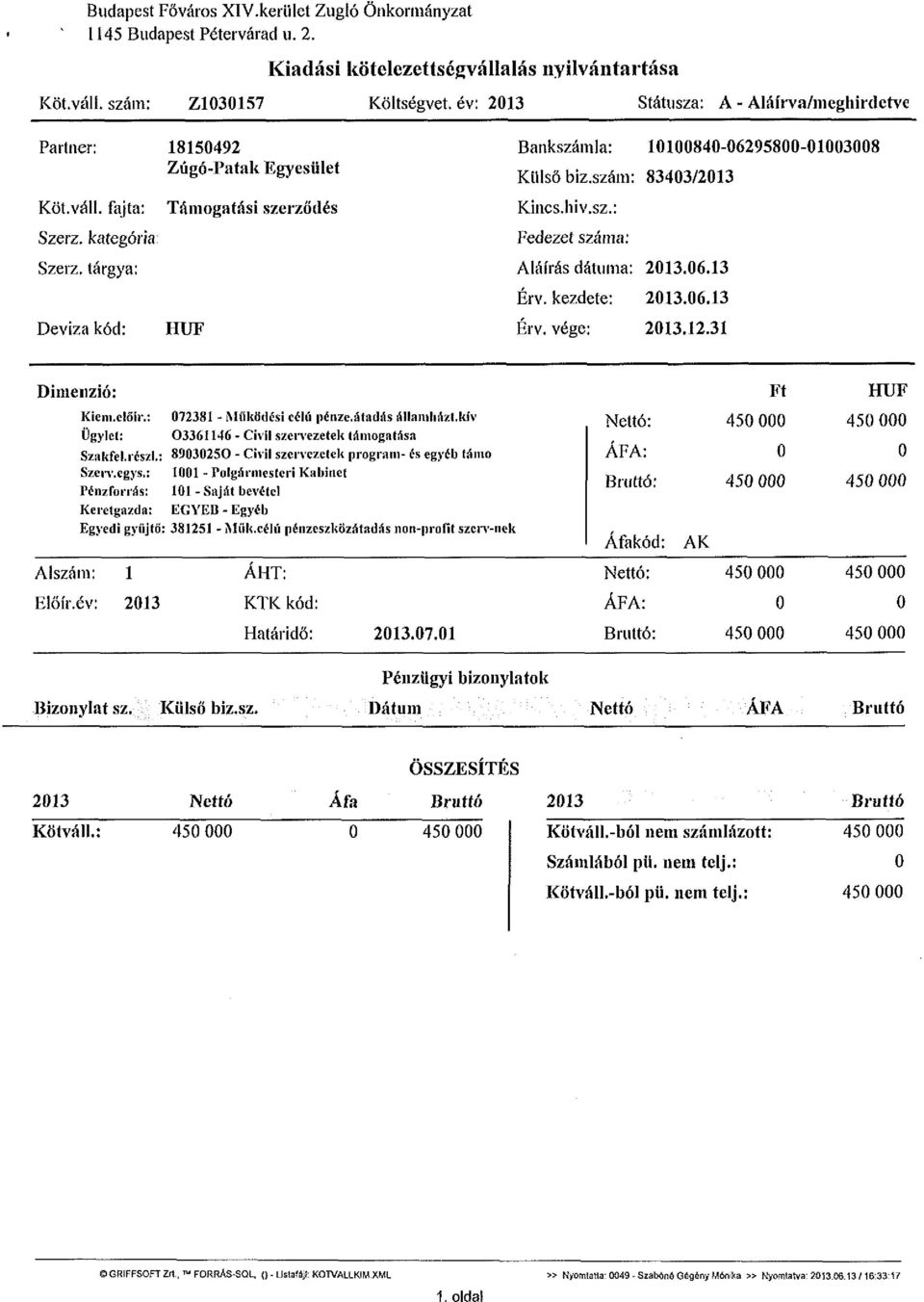 tárgya: Deviza kód: Támogatási szerződés HUF Bankszámla: 10100840-06295800-01003008 Külső biz.szám: 83403/2013 Kincs, hiv.sz.: Fedezet száma: Aláírás dátuma: 2013.06.13 Érv. kezdete: 2013.06.13 Érv. vége: 2013.