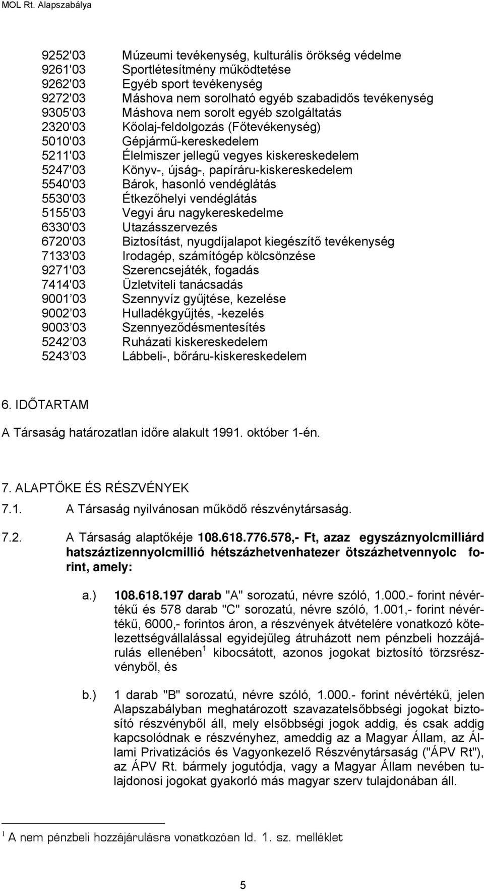 papíráru-kiskereskedelem 5540'03 Bárok, hasonló vendéglátás 5530'03 Étkezőhelyi vendéglátás 5155'03 Vegyi áru nagykereskedelme 6330'03 Utazásszervezés 6720'03 Biztosítást, nyugdíjalapot kiegészítő