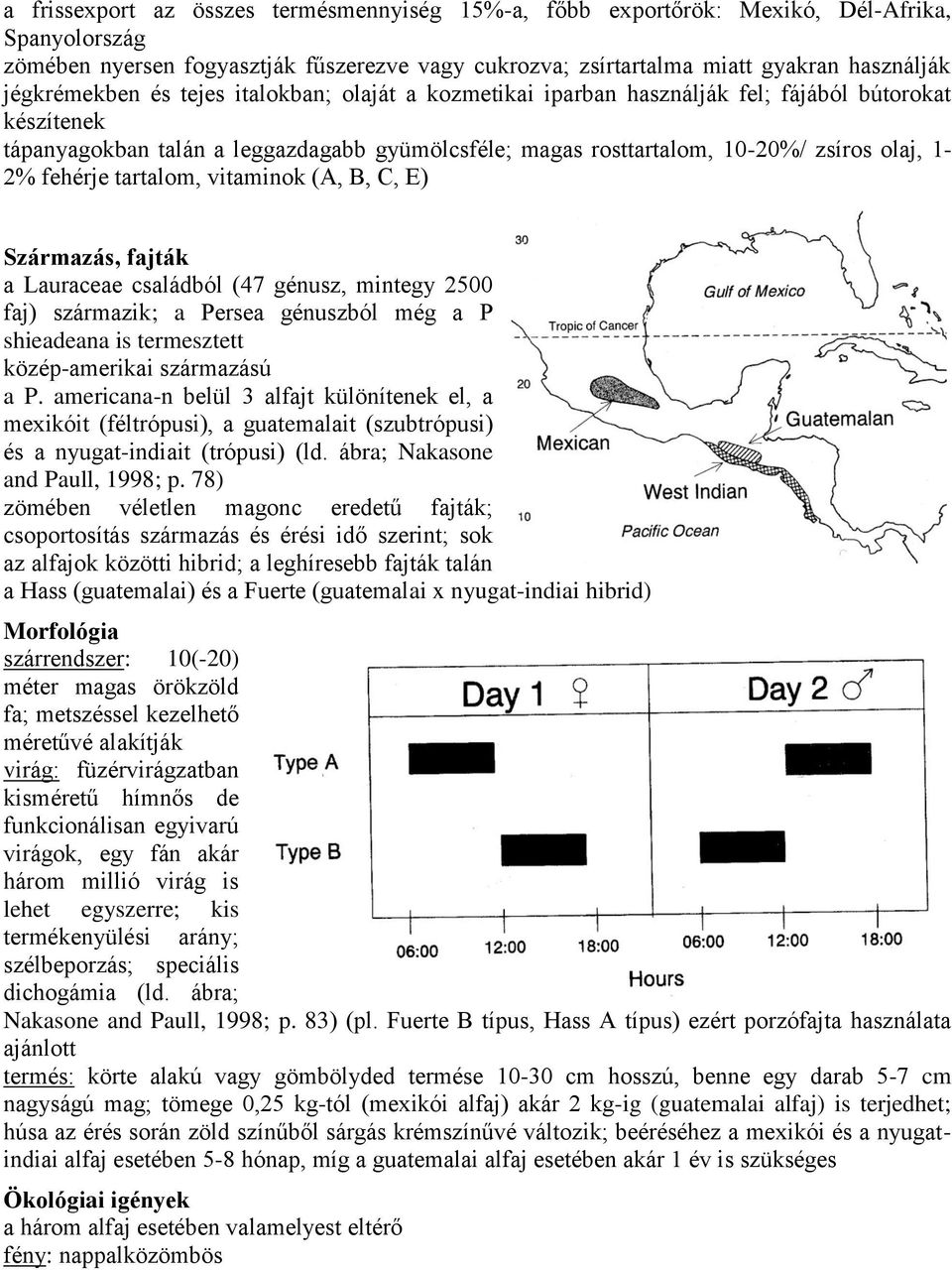 1-2% fehérje tartalom, vitaminok (A, B, C, E) Származás, fajták a Lauraceae családból (47 génusz, mintegy 2500 faj) származik; a Persea génuszból még a P shieadeana is termesztett közép-amerikai