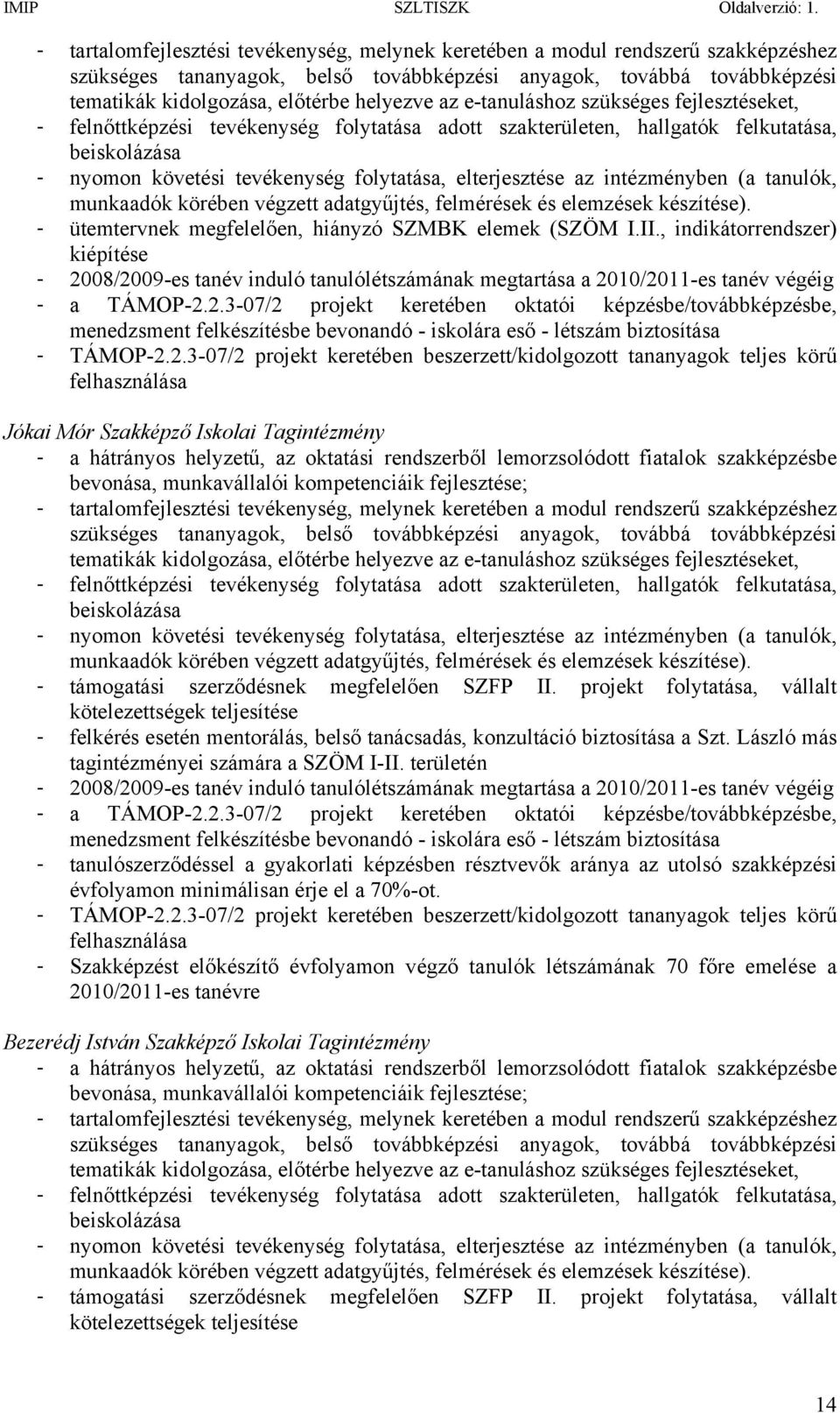 intézményben (a tanulók, munkaadók körében végzett adatgyűjtés, felmérések és elemzések készítése). - ütemtervnek megfelelően, hiányzó SZMBK elemek (SZÖM I.II.