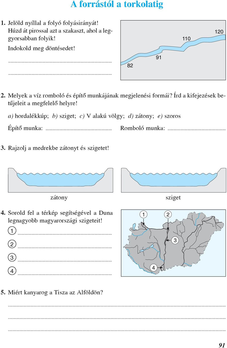 Írd a kifejezések betûjeleit a megfelelõ helyre! a) hordalékkúp; b) sziget; c) V alakú völgy; d) zátony; e) szoros Építõ munka:.