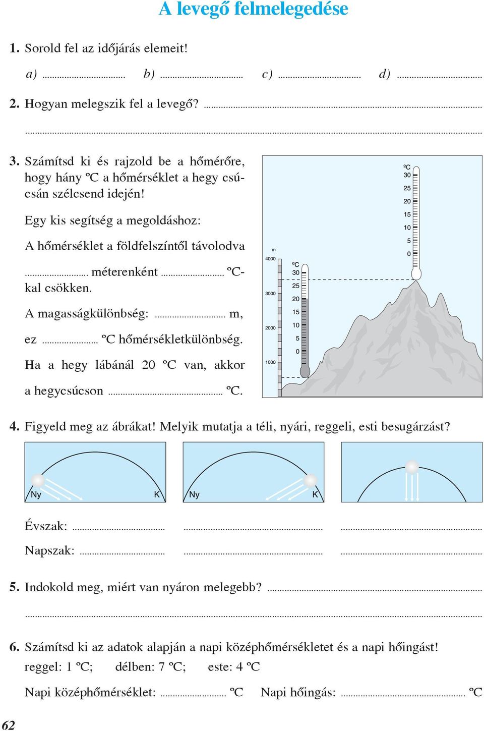 .. ºCkal csökken. A magasságkülönbség:... m, ez... ºC hômérsékletkülönbség. Ha a hegy lábánál 20 ºC van, akkor a hegycsúcson... ºC. 4. Figyeld meg az ábrákat!